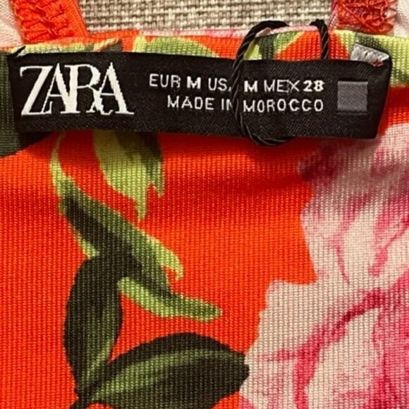Zara NWT Orange Floral Stretch Deep V Neck Sleeveless Draped Bodysuit Medium - Picture 9 of 16